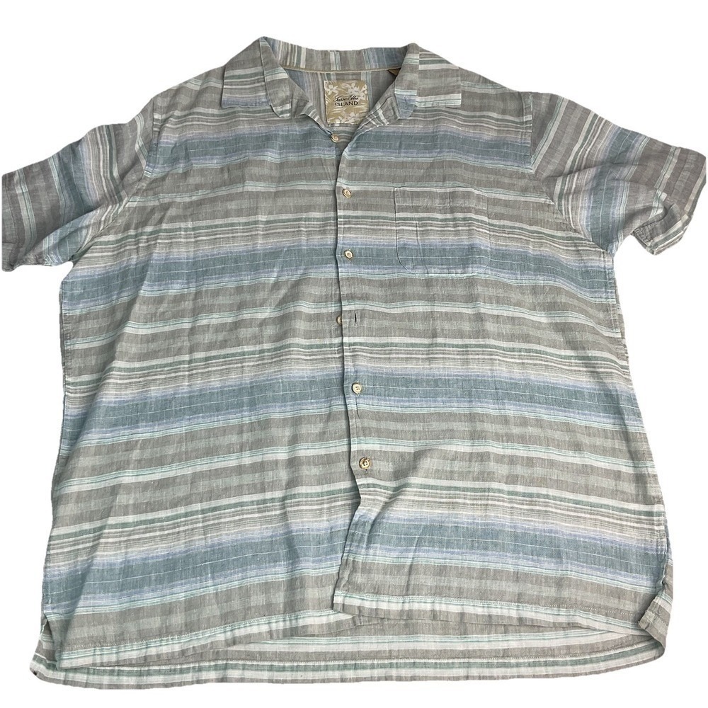 Tasso Elba Mens Linen Striped Button Up Shirt, Blue & Beige Large Summer